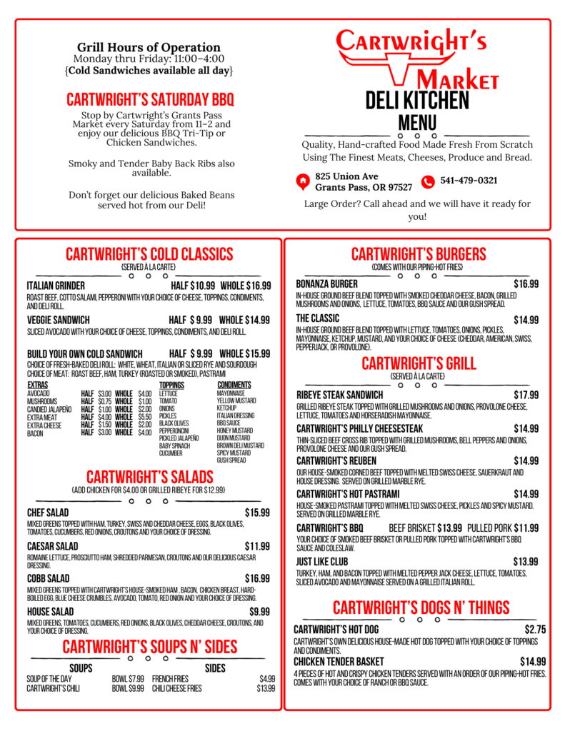 Cartwright's Market Deli Kitchen Menus